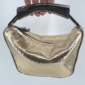 Zara Mini Bucket Handbag Womens Small Gold Metallic Crinkled Hobo Metal Handle